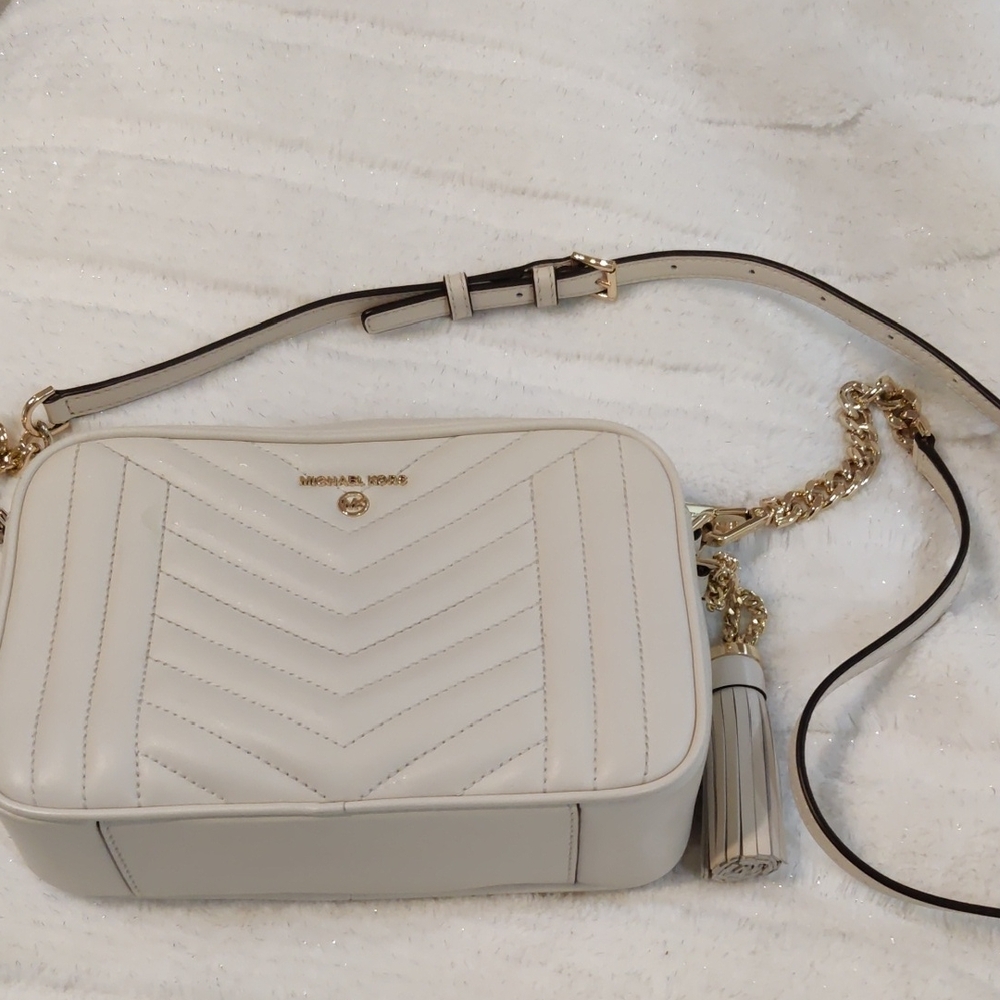 Michael Kors White and Gold Chevron Crossbody Bag